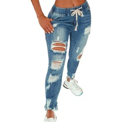 Ripped Jeans Womens Stretch Frayed Raw Hem Pull On Elastic Waist Jeans Trendy Casual Skinny Distressed Ankle Jeggings 001#