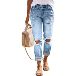 Women's Ripped Mid Waisted Boyfriend Jeans Loose Fit Distressed Stretchy Denim Pants