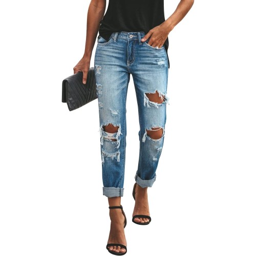 Women's Ripped Mid Waisted Boyfriend Jeans Loose Fit Distressed Stretchy Denim Pants 010 Women's Ripped Mid Waisted Boyfriend Jeans Loose Fit Distressed Stretchy Denim Pants 010