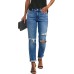 Women's Ripped Mid Waisted Boyfriend Jeans Loose Fit Distressed Stretchy Denim Pants