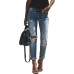 Women's Ripped Mid Waisted Boyfriend Jeans Loose Fit Distressed Stretchy Denim Pants