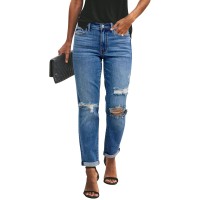 Women's Ripped Mid Waisted Boyfriend Jeans Loose Fit Distressed Stretchy Denim Pants 1011
