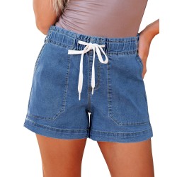 Jean Shorts for Women High Waisted Pull On Drawstring Elastic Waist Trendy Stretchy Denim Summer Shorts SJ003