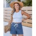 Jean Shorts for Women High Waisted Pull On Drawstring Elastic Waist Trendy Stretchy Denim Summer Shorts SJ003